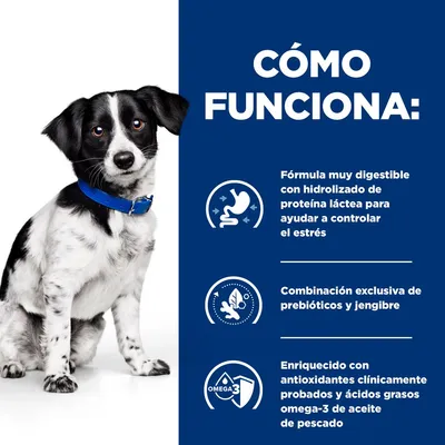 CÓMO FUNCIONA: Fórmula muy digestible con hidrolizado de proteína láctea para ayudar a controlar el estrés. Combinación exclusiva de prebióticos y jengibre. Enriquecido con antioxidantes y omega-3.