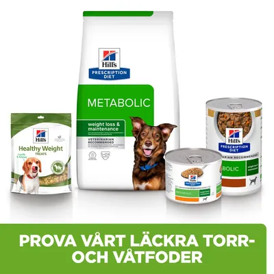 Hill's Prescription Diet Metabolic torrfoder, våtfoder och Healthy Weight Treats för hund. Text: Prova vårt läckra torr- och våtfoder.