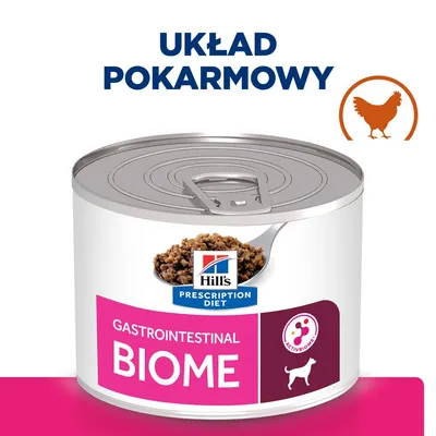 Hill's Prescription Diet Gastrointestinal Biome, puszka mokrej karmy dla psa, napis: UKŁAD POKARMOWY, symbol kurczaka, widoczny fragment karmy na łyżce.