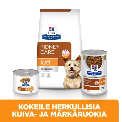 Hill's Prescription Diet Kidney Care k/d -kuiva- ja märkäruokapakkaukset, teksti: KOKEILE HERKULLISIA KUIVA- JA MÄRKÄRUOKIA