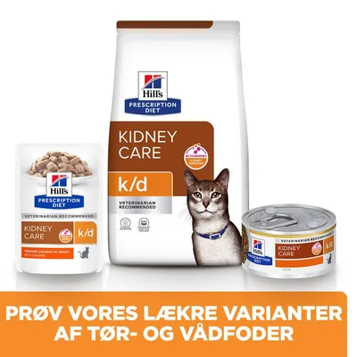 Hill's Prescription Diet Kidney Care k/d kattefoder, tør- og vådfoder. Tekst: PRØV VORES LÆKRE VARIANTER AF TØR- OG VÅDFODER. Billede viser pose, dåse og portionspose.