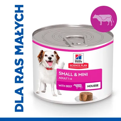 Hill's Science Plan Small & Mini Adult 1-6 with Beef Mousse, puszka karmy dla psów z wołowiną, widoczny napis: DLA RAS MAŁYCH