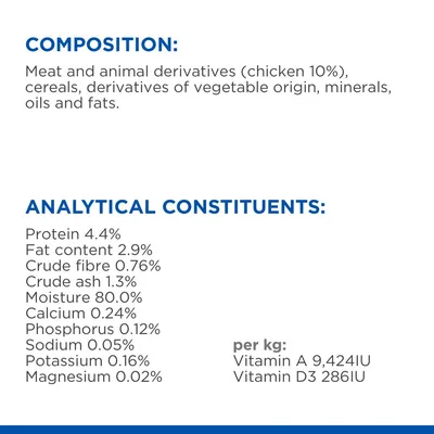 Composition: meat and animal derivatives including chicken 10%, cereals, vegetable derivatives, minerals, oils and fats. Analytical constituents: protein 4.4%, fat 2.9%, moisture 80%.