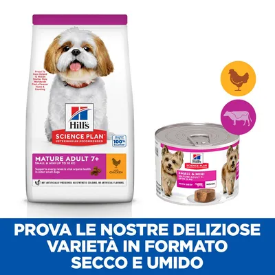 Hill's Science Plan Mature Adult 7+ Small & Mini fino a 10 kg, crocchette al pollo e umido con manzo. Prova le nostre deliziose varietà in formato secco e umido.