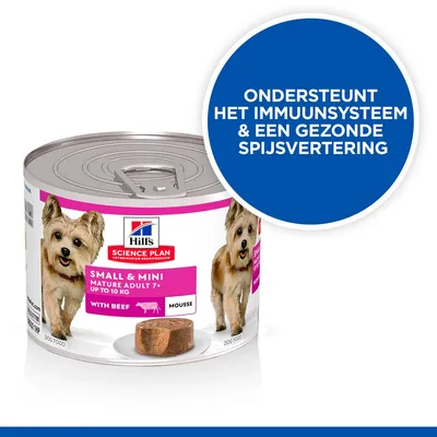 Hill's Science Plan Small & Mini Mature Adult 7+ Up to 10 kg met rund mousse. Ondersteunt het immuunsysteem & een gezonde spijsvertering staat in blauwe cirkel.