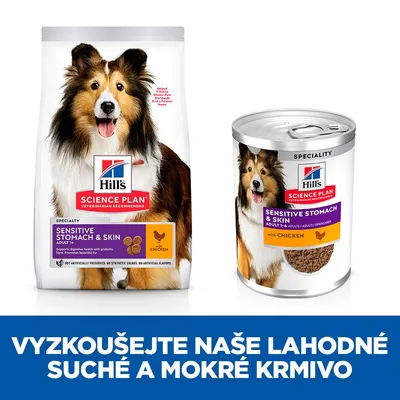 Hill's Science Plan Sensitive Stomach & Skin Adult 1+ s kuřetem, suché a mokré krmivo pro psy. Text: Vyzkoušejte naše lahodné suché a mokré krmivo.
