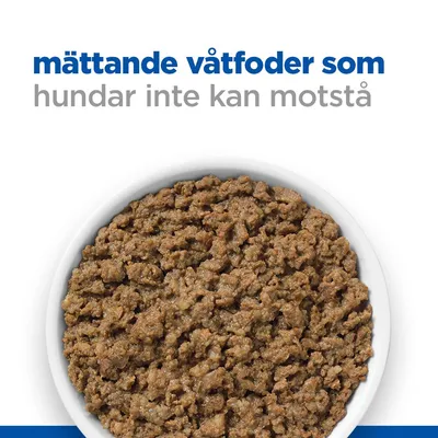 Text: mättande våtfoder som hundar inte kan motstå. Skål med våtfoder för hund syns under texten.