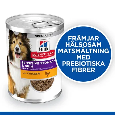 Hill's Science Plan Sensitive Stomach & Skin Adult 1–6 with Chicken, burk med hundmat. Text: Främjar hälsosam matsmältning med prebiotiska fibrer.
