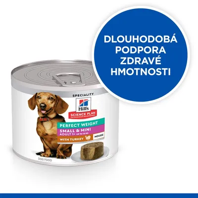 Konzerva Hill's Science Plan Perfect Weight Small & Mini Adult 1+ with Turkey, nápis: Dlouhodobá podpora zdravé hmotnosti