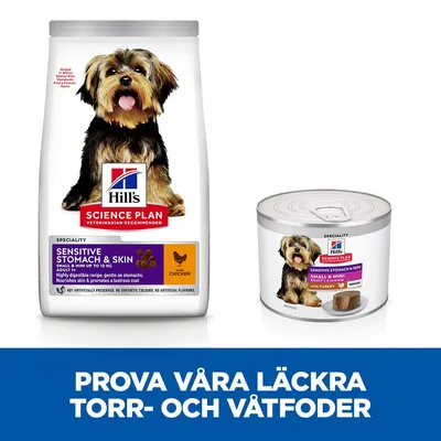 Hill's Science Plan Sensitive Stomach & Skin torrfoder och våtfoder för små hundar. Text: Prova våra läckra torr- och våtfoder.