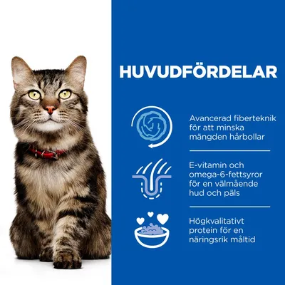 HUVUDFÖRDELAR: Avancerad fiberteknik för att minska mängden hårbollar, E-vitamin och omega-6-fettsyror för hud och päls, högkvalitativt protein för näringsrik måltid.