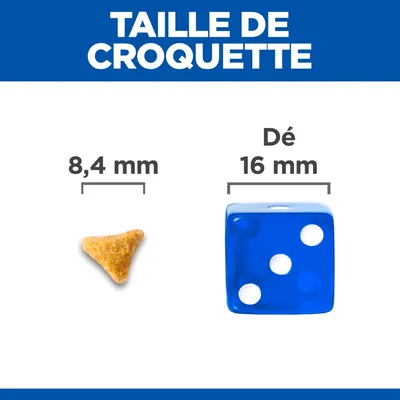Taille de croquette : 8,4 mm à côté d’un dé bleu de 16 mm pour comparaison visuelle. Texte visible : 'TAILLE DE CROQUETTE', '8,4 mm', 'Dé 16 mm'.