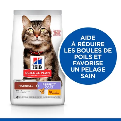 Hill's Science Plan Hairball & Perfect Coat with Chicken pour chats adultes. Texte : aide à réduire les boules de poils et favorise un pelage sain.