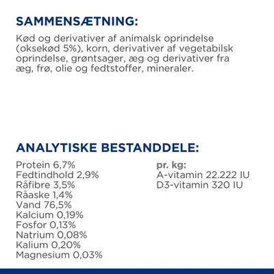 Sammensætning: kød og derivativer af animalsk oprindelse (oksekød 5 %), korn, grøntsager, æg, frø, olie, mineraler. Analytiske bestanddele: protein 6,7 %, fedt 2,9 %, råfibre 3,5 %, vand 76,5 %.