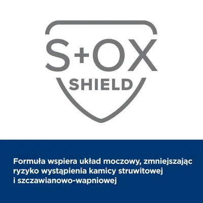 S+OX SHIELD. Formuła wspiera układ moczowy, zmniejszając ryzyko wystąpienia kamicy struwitowej i szczawianowo-wapniowej.