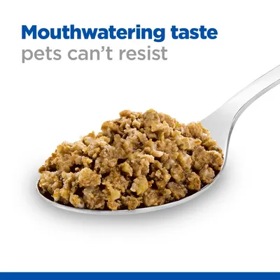 Mouthwatering taste pets can't resist felirat, kanálon barna darabos állateledel látható. A szöveg angol nyelvű.