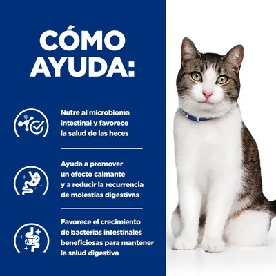 Texto: Cómo ayuda. Nutre al microbioma intestinal y favorece la salud de las heces. Ayuda a promover un efecto calmante y a reducir la recurrencia de molestias digestivas. Favorece el crecimiento de bacterias intestinales beneficiosas para mantener la salud digestiva.