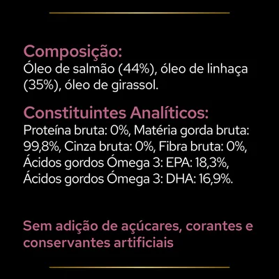 Composição: óleo de salmão 44 %, óleo de linhaça 35 %, óleo de girassol. Proteína bruta 0 %, matéria gorda bruta 99,8 %, EPA 18,3 %, DHA 16,9 %. Sem adição de açúcares, corantes ou conservantes artificiais.