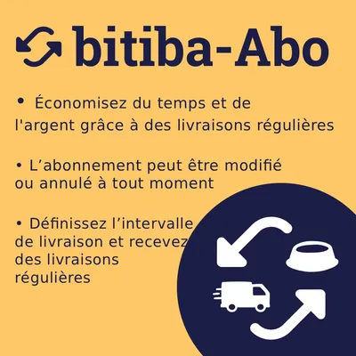 bitiba-Abonnement : gagnez du temps et de l’argent grâce à des livraisons régulières, abonnement modifiable ou résiliable à tout moment, intervalle de livraison librement sélectionnable. bitiba-Abonnement : gagnez du temps et de l’argent grâce à des livraisons régulières, abonnement modifiable ou résiliable à tout moment, intervalle de livraison librement sélectionnable.