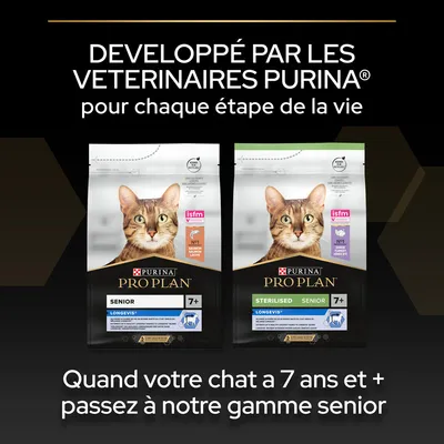 Purina Pro Plan Senior et Sterilised Senior 7+ pour chats, développé par les vétérinaires Purina. Texte : Quand votre chat a 7 ans et + passez à notre gamme senior.