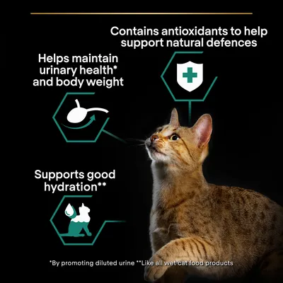 Contains antioxidants to help support natural defences. Helps maintain urinary health* and body weight. Supports good hydration**. *By promoting diluted urine **Like all wet cat food products