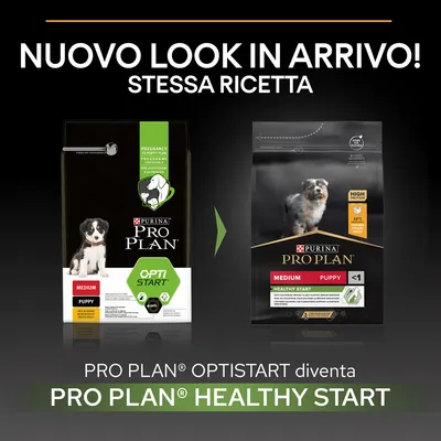 Nuovo look in arrivo, stessa ricetta. PRO PLAN OPTISTART diventa PRO PLAN HEALTHY START. Due confezioni di crocchette per cuccioli medium visibili con i rispettivi nomi.