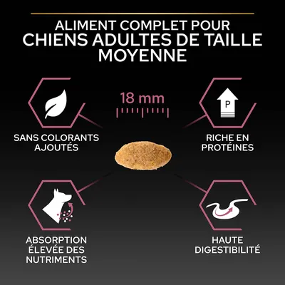 Aliment complet pour chiens adultes de taille moyenne, croquette 18 mm, sans colorants ajoutés, riche en protéines, absorption élevée des nutriments, haute digestibilité.