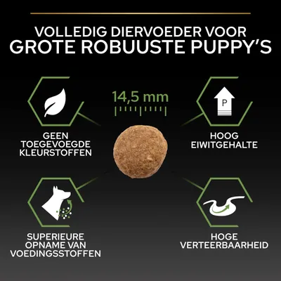 Volledig diervoeder voor grote robuuste puppy's, brok 14,5 mm. Geen toegevoegde kleurstoffen, hoog eiwitgehalte, superieure opname van voedingsstoffen, hoge verteerbaarheid.