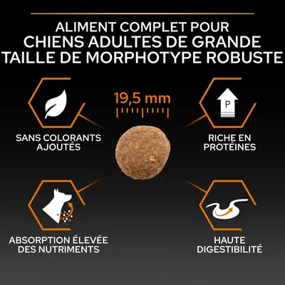 Aliment complet pour chiens adultes de grande taille morphotype robuste, croquette 19,5 mm, sans colorants ajoutés, riche en protéines, absorption élevée des nutriments, haute digestibilité.