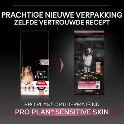 Pro Plan Optiderma Medium Adult hondenvoer krijgt nieuwe verpakking en heet nu Pro Plan Sensitive Skin. Zelfde vertrouwde recept, zichtbaar op beide verpakkingen.