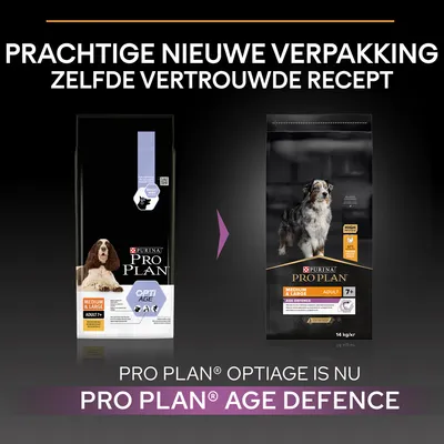 Prachtige nieuwe verpakking, zelfde vertrouwde recept. PRO PLAN Optiage is nu PRO PLAN Age Defence. Medium & Large Adult 7+. Beide verpakkingen zichtbaar met hondenafbeelding.