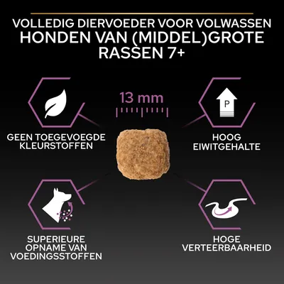 Volledig diervoeder voor volwassen honden van (middel)grote rassen 7+, brok 13 mm, geen toegevoegde kleurstoffen, hoog eiwitgehalte, superieure opname van voedingsstoffen, hoge verteerbaarheid.