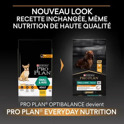 Image montrant le changement d’emballage : Purina Pro Plan OptiBalance Small & Mini Adult devient Pro Plan Everyday Nutrition Small & Mini Adult. Recette inchangée, nutrition de haute qualité.