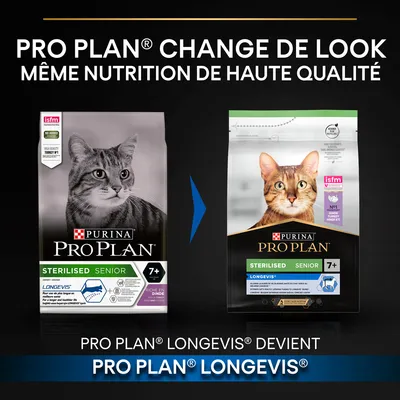 Annonce du changement de packaging : PRO PLAN LongevIs devient PRO PLAN Longevis, même nutrition de haute qualité, croquettes chat stérilisé senior 7+, deux sachets affichés.