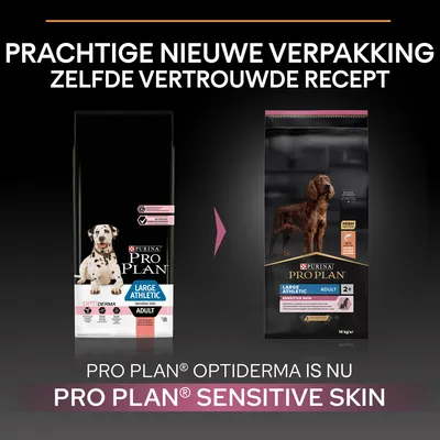 Pro Plan Optiderma is nu Pro Plan Sensitive Skin. Nieuwe verpakking, zelfde recept. Afbeelding van oude en nieuwe zak hondenvoer Large Athletic Adult Sensitive Skin.