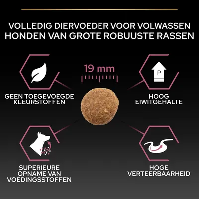 Volledig diervoeder voor volwassen honden van grote robuuste rassen, brok 19 mm. Geen toegevoegde kleurstoffen, hoog eiwitgehalte, superieure opname voedingsstoffen, hoge verteerbaarheid.