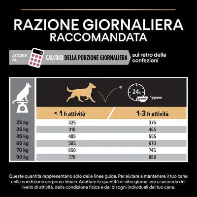 Tabella razione giornaliera raccomandata per cani: peso da 25 a 90 kg, meno di 1 ora o 1–3 ore di attività; esempio: 25 kg, 325–375 g/giorno; 90 kg, 770–880 g/giorno.