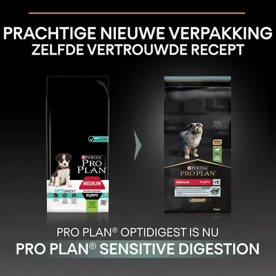 Purina Pro Plan Medium Puppy Sensitive Digestion hondenvoer, nieuwe verpakking. Tekst: Prachtige nieuwe verpakking, zelfde vertrouwde recept. Pro Plan Optidigest is nu Pro Plan Sensitive Digestion.