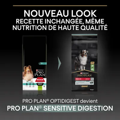 Nouveau look pour PURINA PRO PLAN Medium Adult : OPTIDIGEST devient SENSITIVE DIGESTION, recette inchangée, même nutrition de haute qualité. Deux sacs avec chiens visibles.