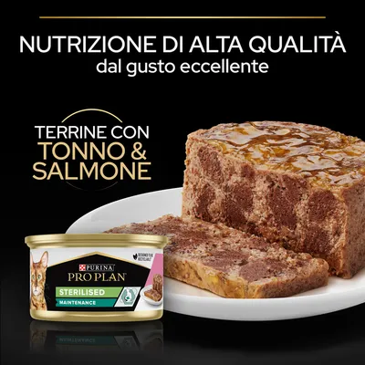 Purina Pro Plan Sterilised Maintenance terrine con tonno e salmone. Testo: Nutrizione di alta qualità dal gusto eccellente. Immagine della terrina su piatto e confezione visibile.