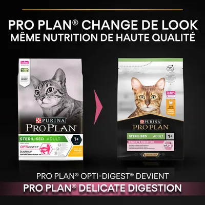 PRO PLAN change de look : PRO PLAN OPTI-DIGEST devient PRO PLAN DELICATE DIGESTION, même nutrition de haute qualité pour chats stérilisés adulte 1+ au poulet. Texte en français.
