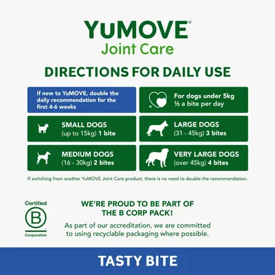 YuMOVE Joint Care daily use directions: double dose for first 4-6 weeks if new. Under 5kg, half bite; up to 15kg, 1 bite; 16-30kg, 2 bites; 31-45kg, 3 bites; over 45kg, 4 bites.
