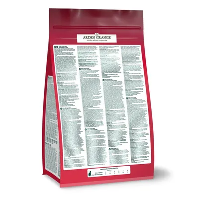 Back of Arden Grange pet food bag showing detailed product information and a feeding guide table with body weight and daily food amount in grams.