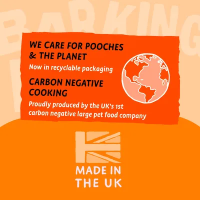 We care for pooches and the planet. Now in recyclable packaging. Carbon negative cooking. Produced by the UK's first carbon negative large pet food company. Made in the UK.
