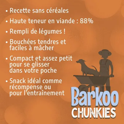 Recette sans céréales, 88 % viande, rempli de légumes, bouchées tendres, compact pour poche, snack idéal comme récompense ou entraînement. Barkoo Chunkies.