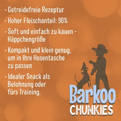 Barkoo Chunkies: Getreidefreie Rezeptur, hoher Fleischanteil 90%, Häppchengrösse, kompakt und klein für Hosentasche, idealer Snack als Belohnung oder fürs Training.