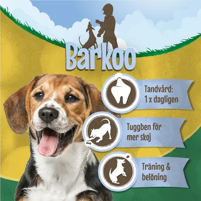 Barkoo. Tandvård: 1 x dagligen. Tuggben för mer skoj. Träning & belöning.