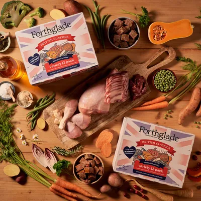 Forthglade British Classics variety 12 pack boxes surrounded by raw meat cuts, vegetables, and food cubes, highlighting natural ingredients used in the product.
