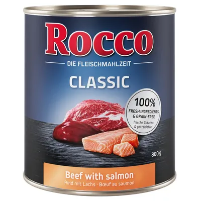 Rocco Classic beef with salmon, 100% fresh ingredients and grain-free, 800g tin. Image shows raw beef and salmon pieces on the label.