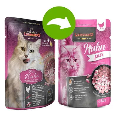 Leonardo Cat Food kuřecí maso, s lososovým olejem, bez obilovin, bez přidaného cukru, vysoký podíl masa, superprémiová kvalita, 85g sáček.